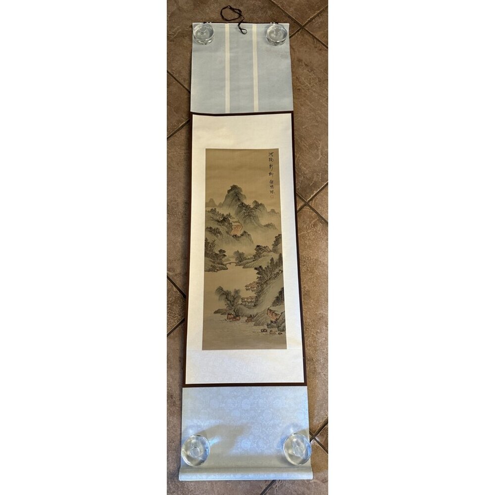 Chinese silk landscape prints screen wall art 4 scroll vertical hangings vintage